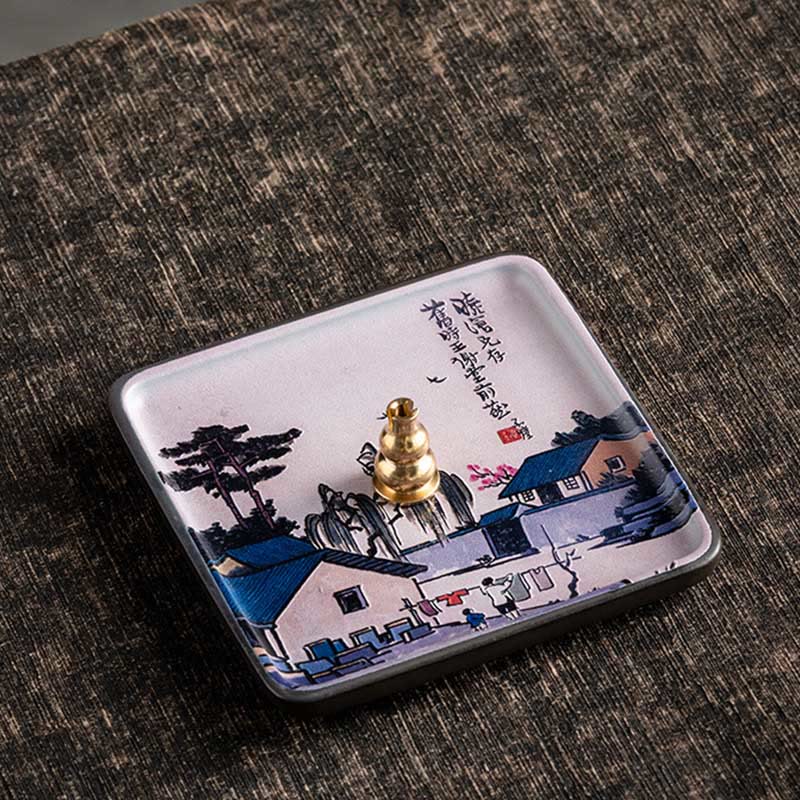 Buddha Stones Mountain Lake Flower Leaf Healing Ceramic Plate Tray Stick Incense Burner Decoration