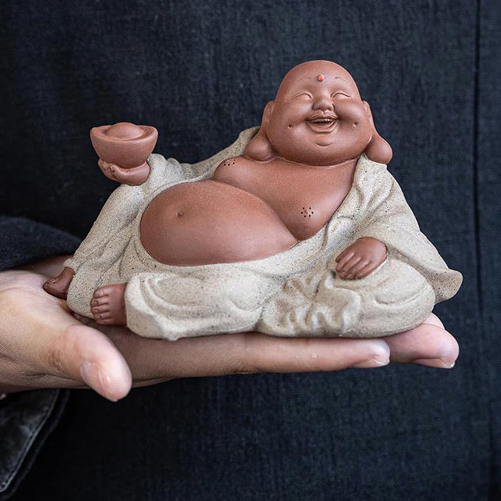 Buddha Stones Laughing Buddha Ingots Attract Wealth Purple Clay Maitreya Statue Decoration