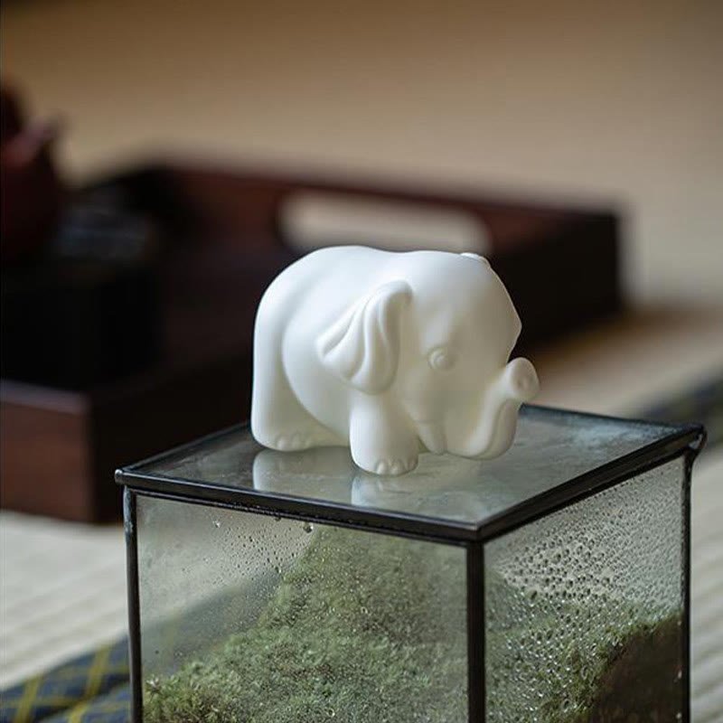 Buddha Stones Small Elephant Statue White Porcelain Ceramic Strength Home Desk Decoration