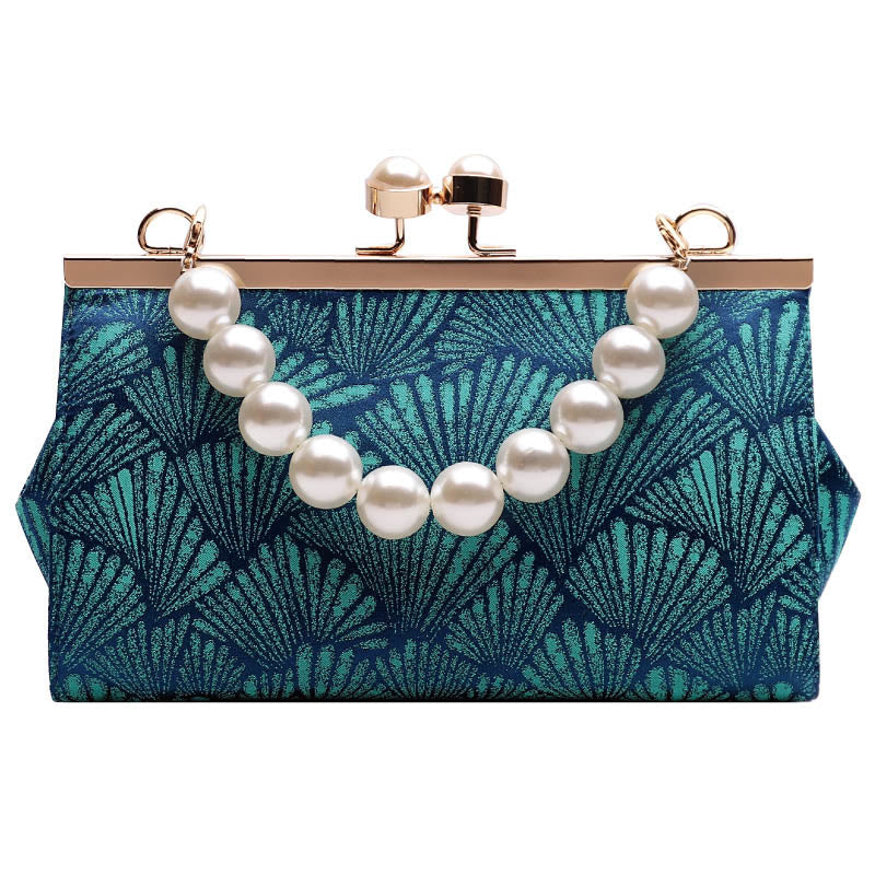 Buddha Stones Vintage Peacock Blue Leaf Pattern Pearl Metal Handbag