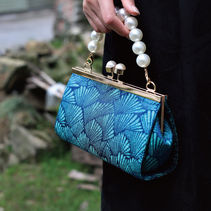 Buddha Stones Vintage Peacock Blue Leaf Pattern Pearl Metal Handbag