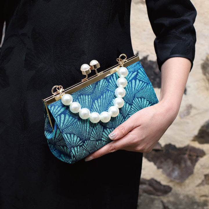 Buddha Stones Vintage Peacock Blue Leaf Pattern Pearl Metal Handbag