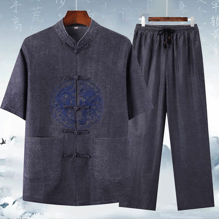 Buddha Stones Dragon Embroidery Pattern Tang Suit Short Sleeve Shirt Pants Men's Set