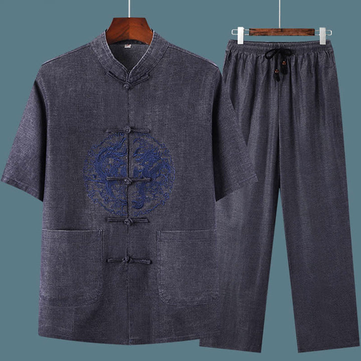 Buddha Stones Dragon Embroidery Pattern Tang Suit Short Sleeve Shirt Pants Men's Set