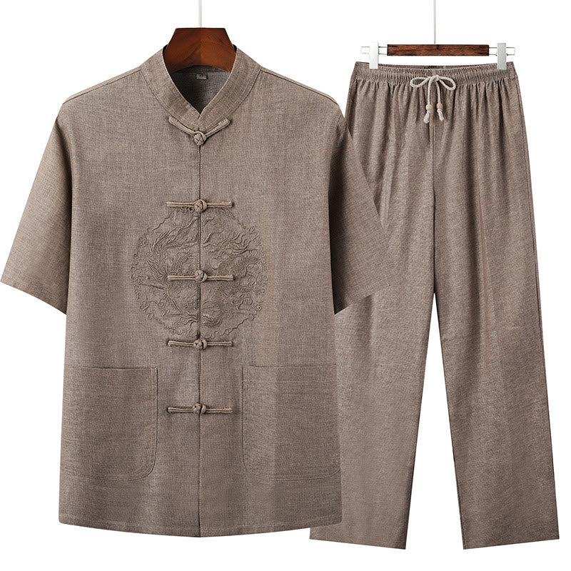 Buddha Stones Dragon Embroidery Pattern Tang Suit Short Sleeve Shirt Pants Men's Set