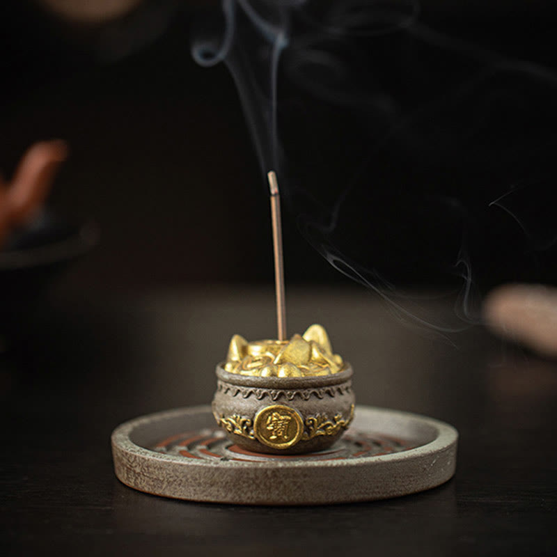 Buddha Stones Small Treasure Bowl Lucky Bag Bagua Tray Healing Ceramic Stick Incense Burner Decoration