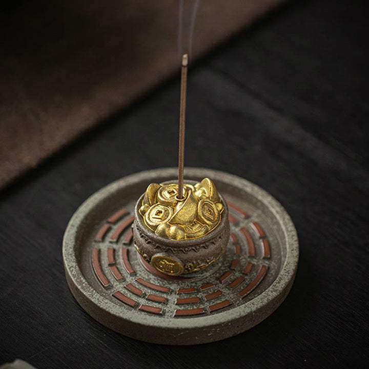 Buddha Stones Small Treasure Bowl Lucky Bag Bagua Tray Healing Ceramic Stick Incense Burner Decoration