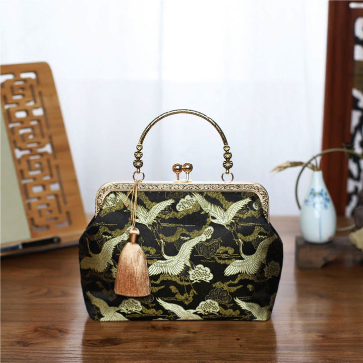 Buddha Stones Vintage Flower Butterfly Crane Sea Waves Metal Chain Crossbody Bag Shoulder Bag Handbag