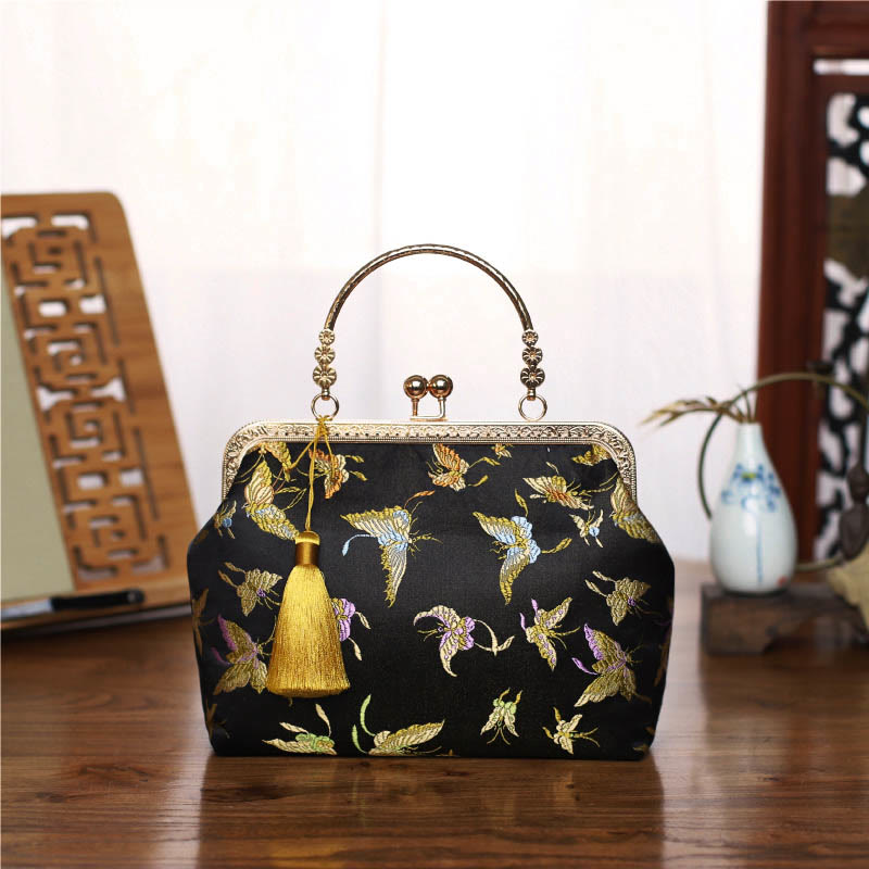 Buddha Stones Vintage Flower Butterfly Crane Sea Waves Metal Chain Crossbody Bag Shoulder Bag Handbag