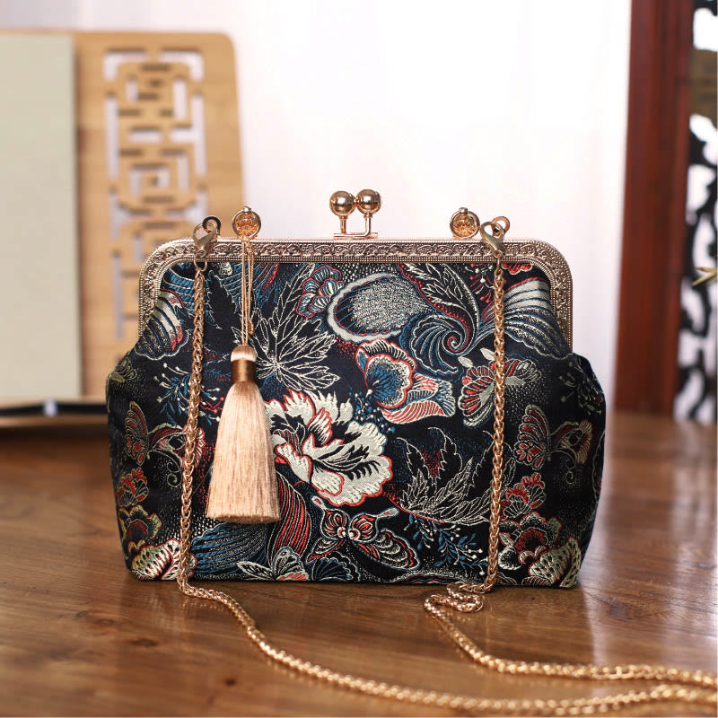 Buddha Stones Vintage Flower Butterfly Crane Sea Waves Metal Chain Crossbody Bag Shoulder Bag Handbag