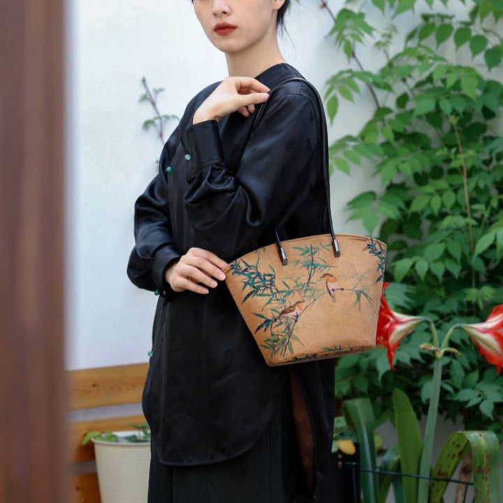 Buddha Stones Vintage Bamboo Magpie Peony Butterfly Large Capacity Shoulder Bag Handbag