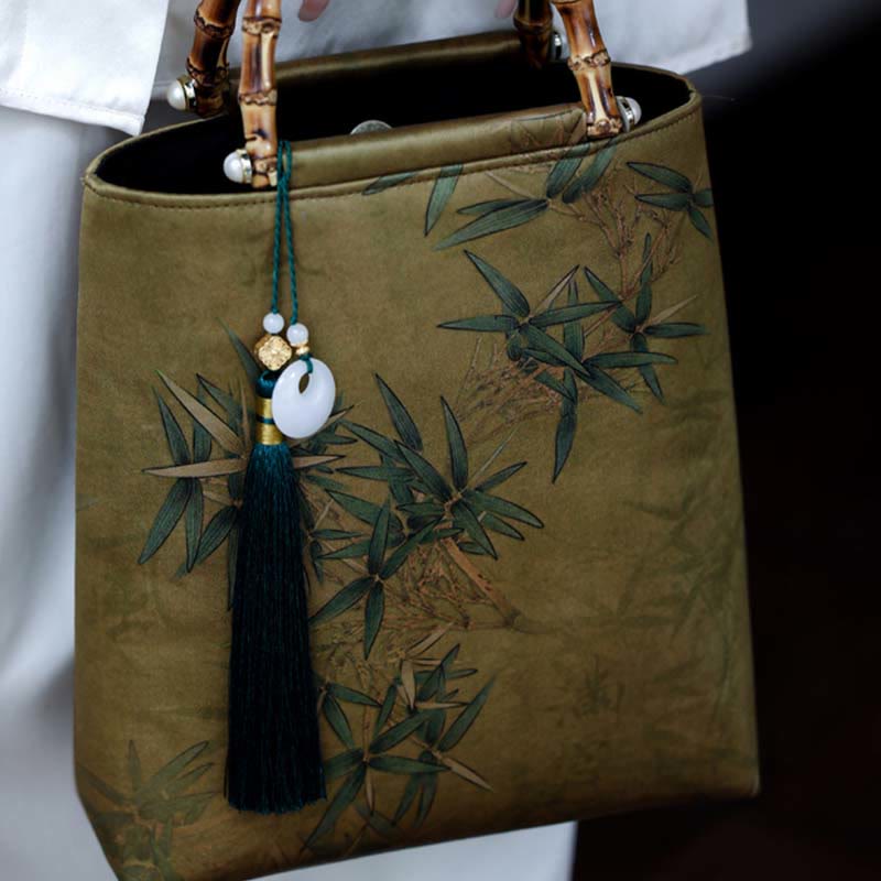 Buddha Stones Yellow Green Bamboo Leaves Bamboo Handles Handbag