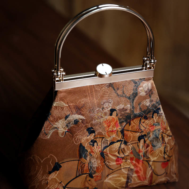 Buddha Stones Painting of Lady of Guoguo on a Spring Outing Metal Handle Handbag