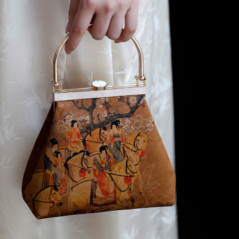 Buddha Stones Painting of Lady of Guoguo on a Spring Outing Metal Handle Handbag