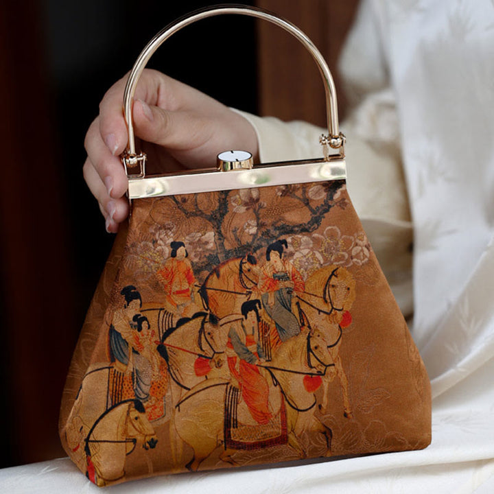 Buddha Stones Painting of Lady of Guoguo on a Spring Outing Metal Handle Handbag