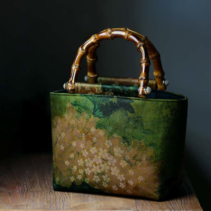 Buddha Stones Yellow Bird Branches Green Peony Flower Bamboo Handles Handbag - Green Peony 16-23*14*11cm - image 15