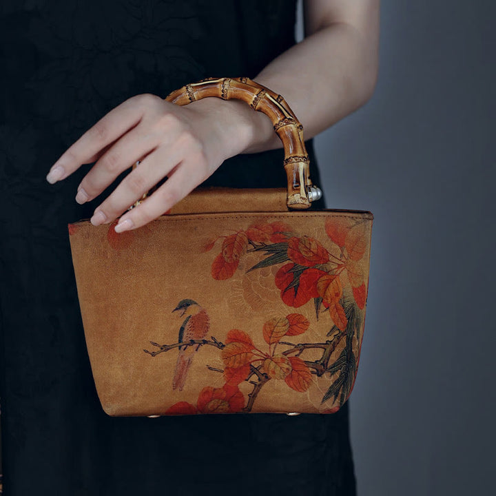 Buddha Stones Yellow Bird Branches Green Peony Flower Bamboo Handles Handbag - image 1