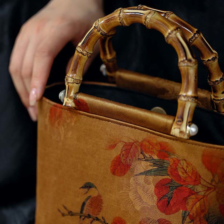 Buddha Stones Yellow Bird Branches Green Peony Flower Bamboo Handles Handbag - image 3