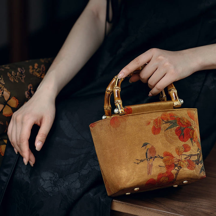 Buddha Stones Yellow Bird Branches Green Peony Flower Bamboo Handles Handbag - image 6