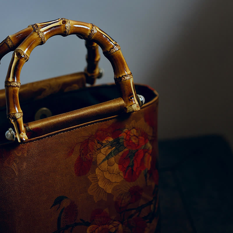 Buddha Stones Yellow Bird Branches Green Peony Flower Bamboo Handles Handbag - image 2