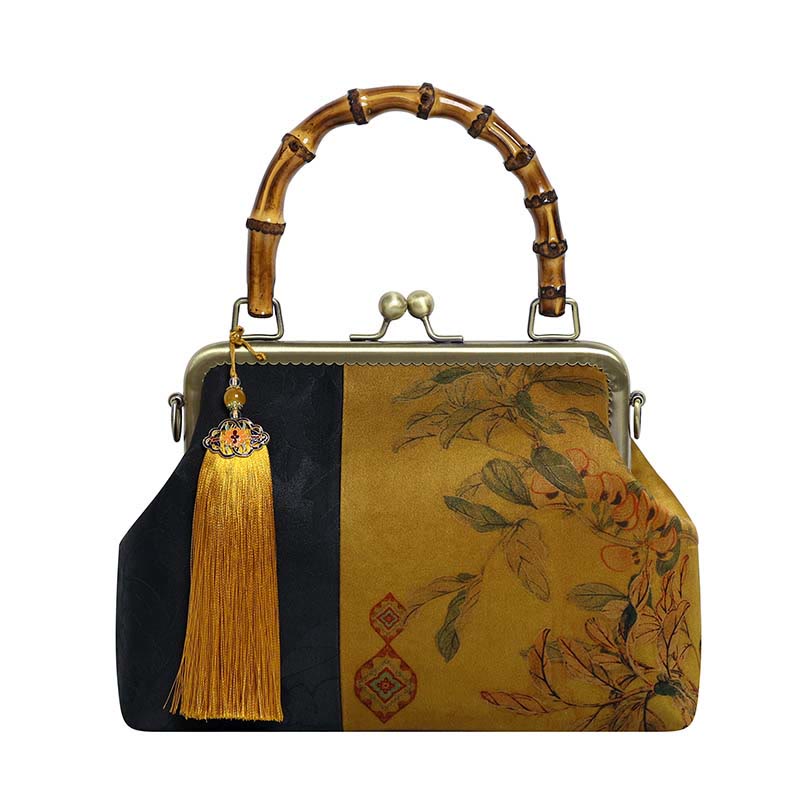 Buddha Stones Leaves Bird Branches Persimmon Flowers Bamboo Handles Handbag