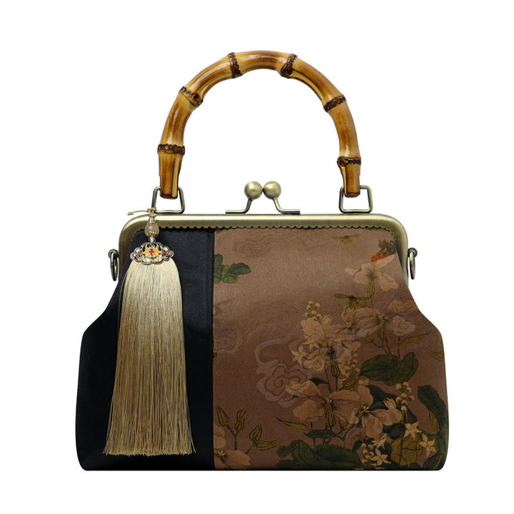 Buddha Stones Leaves Bird Branches Persimmon Flowers Bamboo Handles Handbag