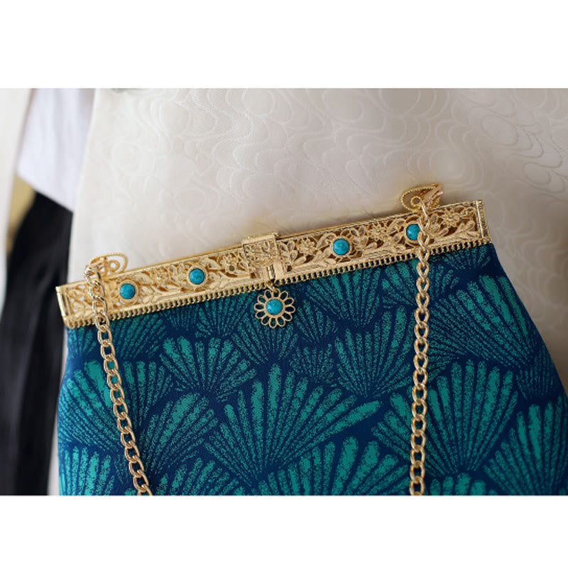 Buddha Stones Blue Lines Metal Chain Crossbody Bag Shoulder Bag Handbag