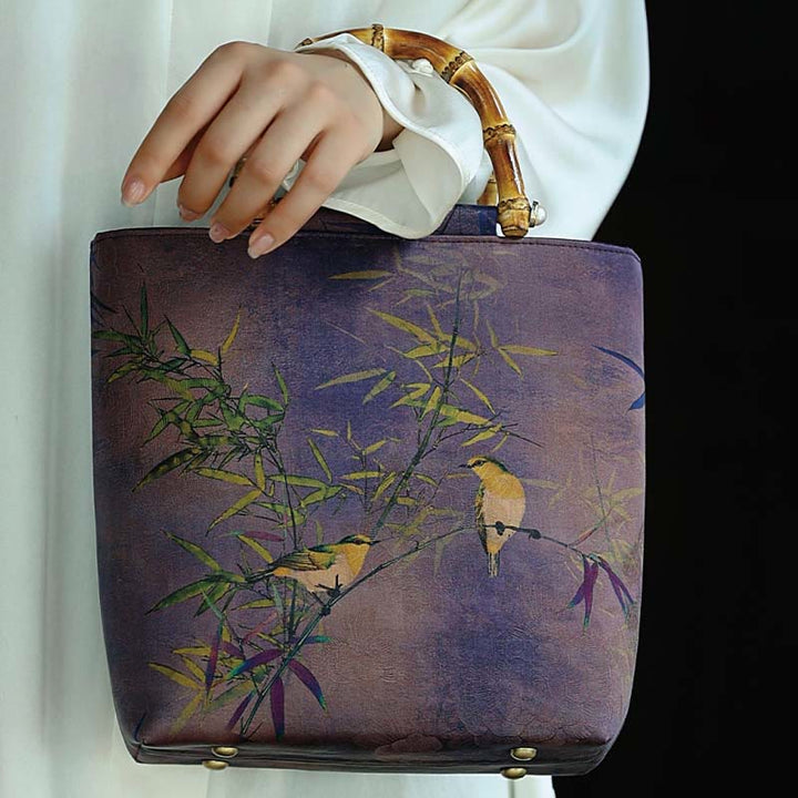 Buddha Stones Purple Magpie Birds Branches Bamboo Handles Handbag