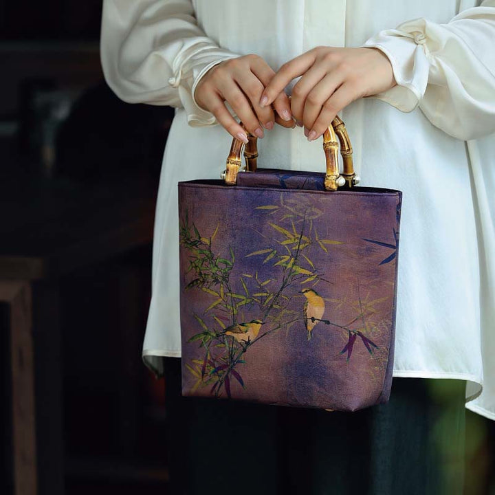 Buddha Stones Purple Magpie Birds Branches Bamboo Handles Handbag