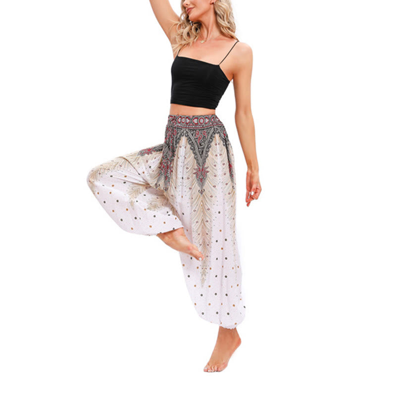 Buddha Stones Peacock Feather Pattern Loose Harem Trousers Women's Yoga Pants