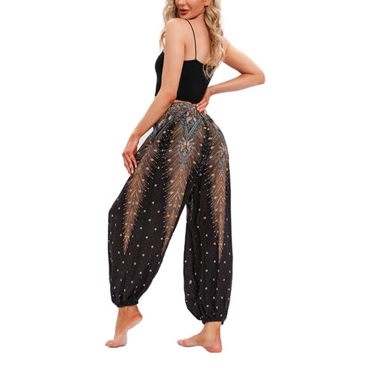 Buddha Stones Peacock Feather Pattern Loose Harem Trousers Women's Yoga Pants