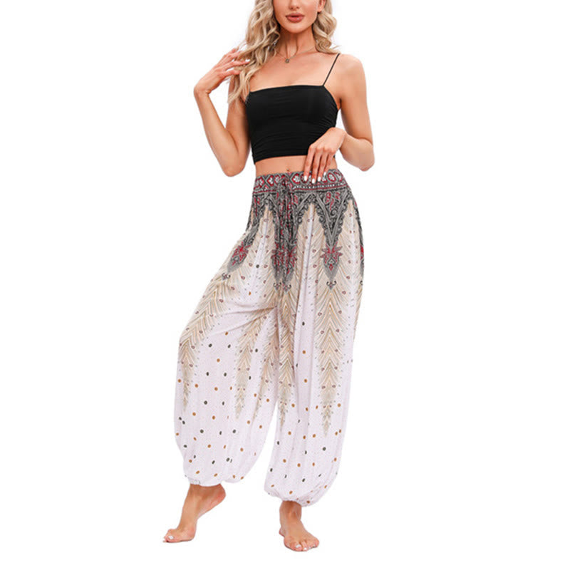 Buddha Stones Peacock Feather Pattern Loose Harem Trousers Women's Yoga Pants