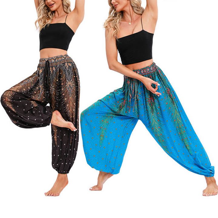 Buddha Stones Peacock Feather Pattern Loose Harem Trousers Women's Yoga Pants