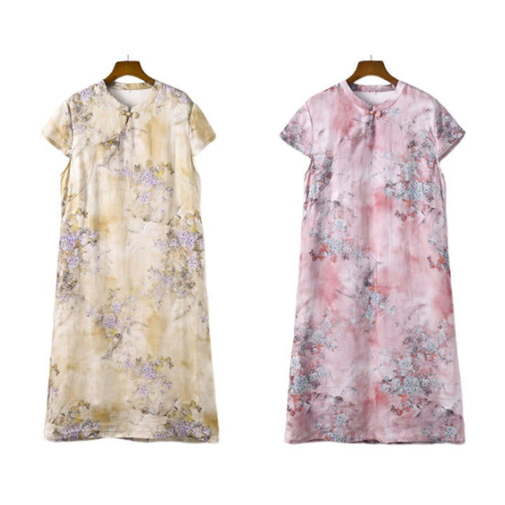 Buddha Stones Flowers Plant Short Sleeve Ramie Linen Chinese Cheongsam Midi Dress With Pockets