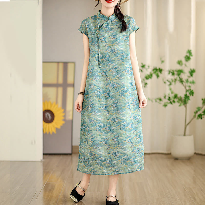 Buddha Stones Green Ocean Waves Pink Flowers Print Cheongsam Midi Dress Short Sleeve Dress