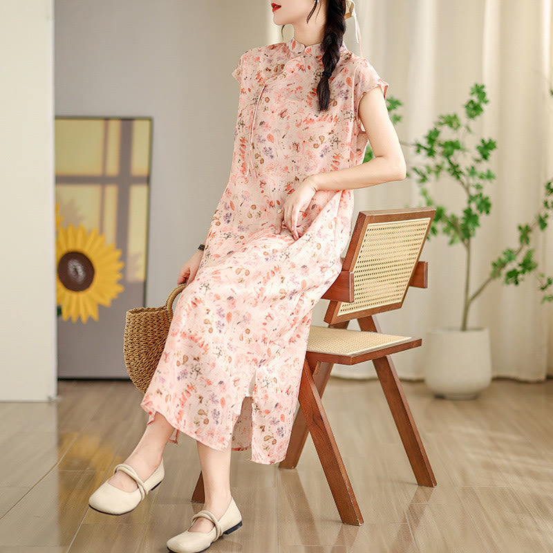 Buddha Stones Green Ocean Waves Pink Flowers Print Cheongsam Midi Dress Short Sleeve Dress