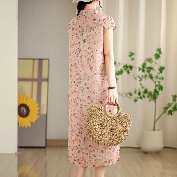 Buddha Stones Green Ocean Waves Pink Flowers Print Cheongsam Midi Dress Short Sleeve Dress