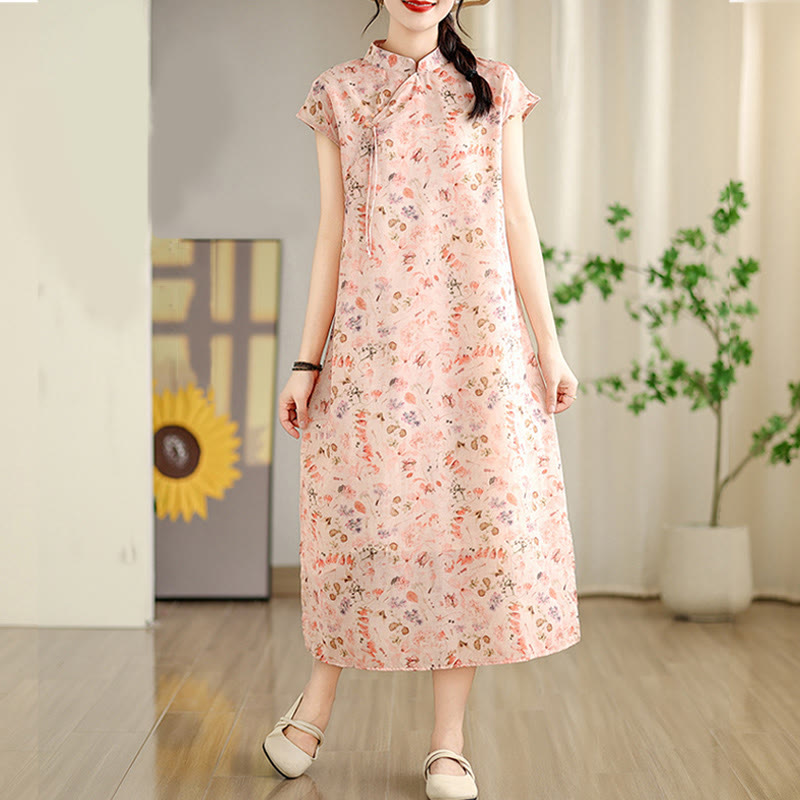 Buddha Stones Green Ocean Waves Pink Flowers Print Cheongsam Midi Dress Short Sleeve Dress