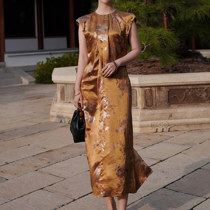 Buddha Stones Golden Rose Flowers Print Acetic Acid Midi Dress Sleeveless Acetate Dress