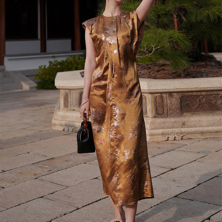 Buddha Stones Golden Rose Flowers Print Acetic Acid Midi Dress Sleeveless Acetate Dress