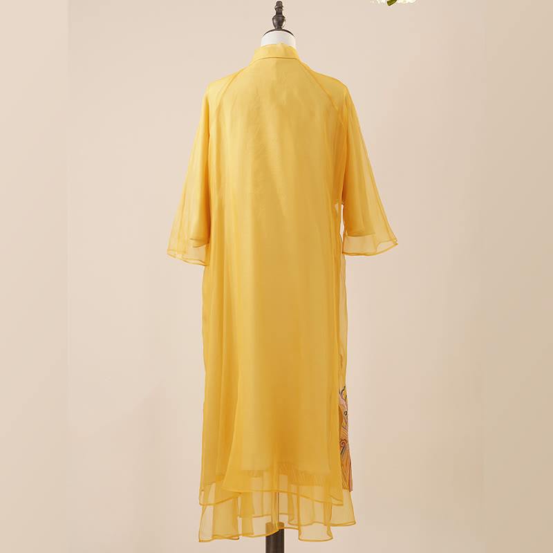 Buddha Stones 100% Mulberry Silk Organza Dress Embroidered Yellow Phoenix Qipao Cheongsam Dress