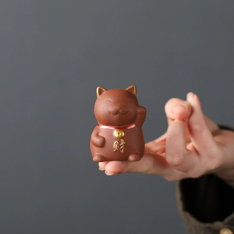 Buddha Stones Mini Lucky Cat Wealth Tea Pet Purple Clay Figurine Decoration - image 2
