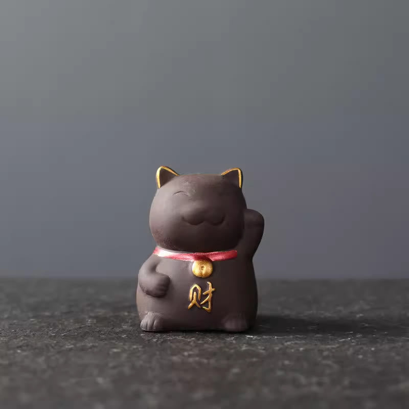 Buddha Stones Mini Lucky Cat Wealth Tea Pet Purple Clay Figurine Decoration