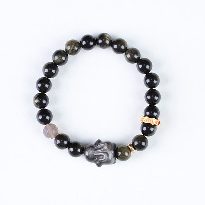 Buddha Stones Gold Sheen Obsidian Black Obsidian Silver Sheen Obsidian Cute Rabbit Protection Bracelet