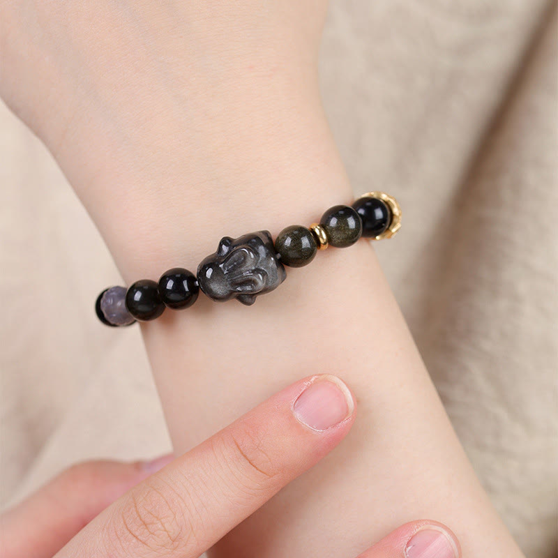 Buddha Stones Gold Sheen Obsidian Black Obsidian Silver Sheen Obsidian Cute Rabbit Protection Bracelet