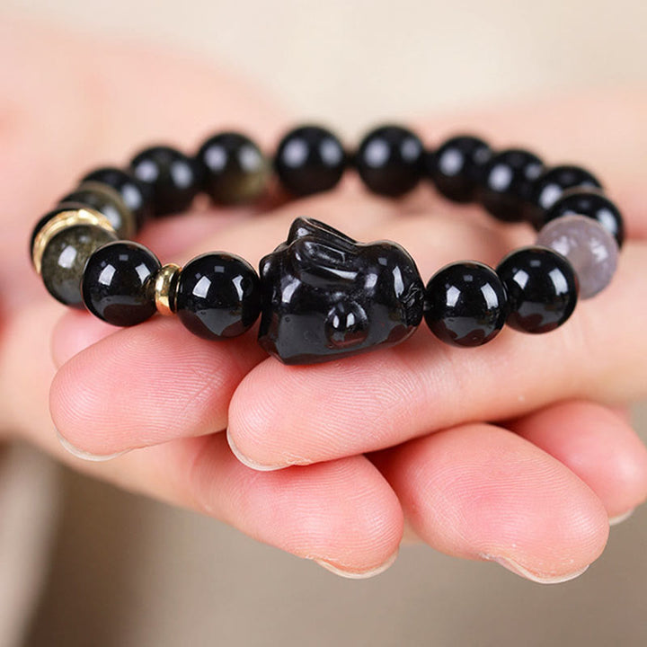 Buddha Stones Gold Sheen Obsidian Black Obsidian Silver Sheen Obsidian Cute Rabbit Protection Bracelet