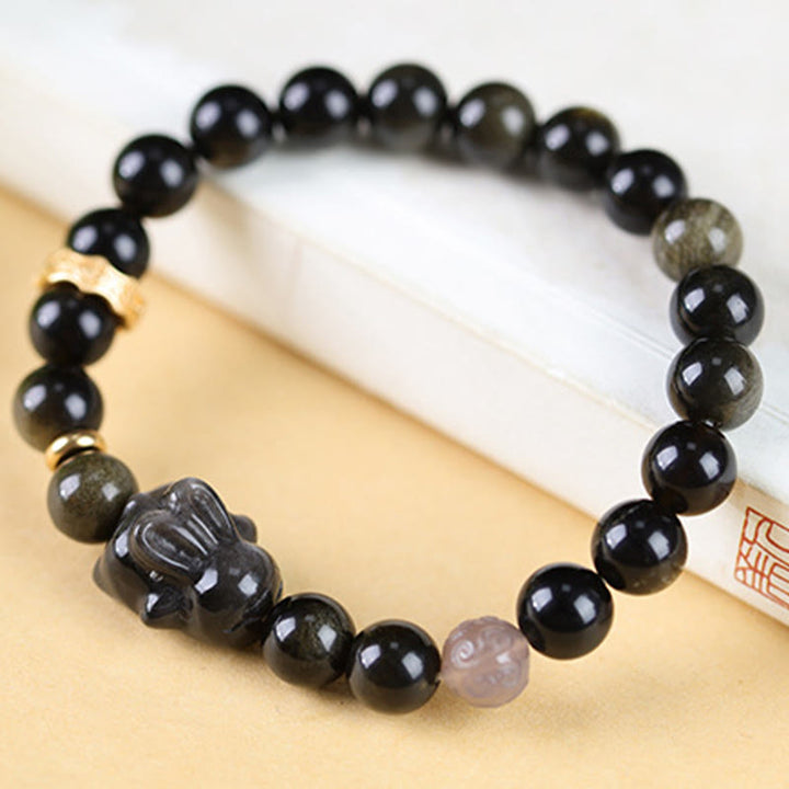 Buddha Stones Gold Sheen Obsidian Black Obsidian Silver Sheen Obsidian Cute Rabbit Protection Bracelet