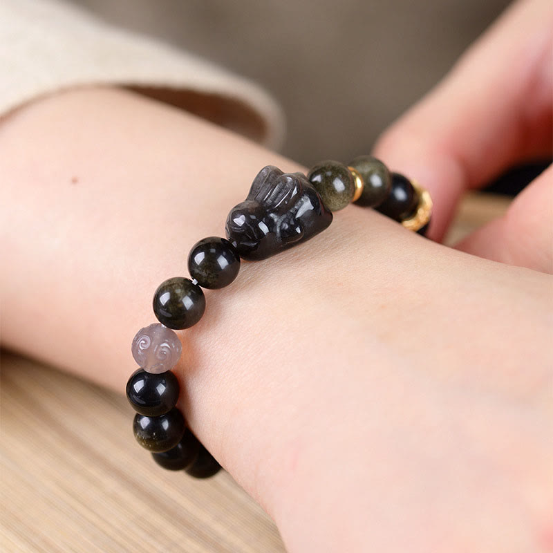 Buddha Stones Gold Sheen Obsidian Black Obsidian Silver Sheen Obsidian Cute Rabbit Protection Bracelet