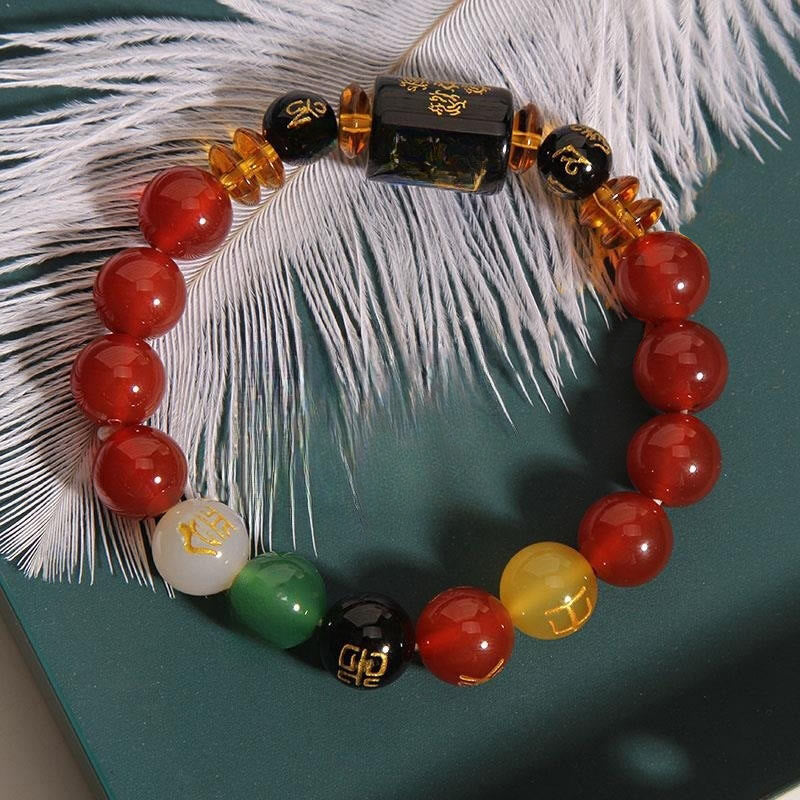 Buddha Stones Five Elements Black Onyx Red Agate Wisdom Wealth Bracelet