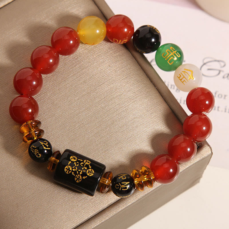 Buddha Stones Five Elements Black Onyx Red Agate Wisdom Wealth Bracelet